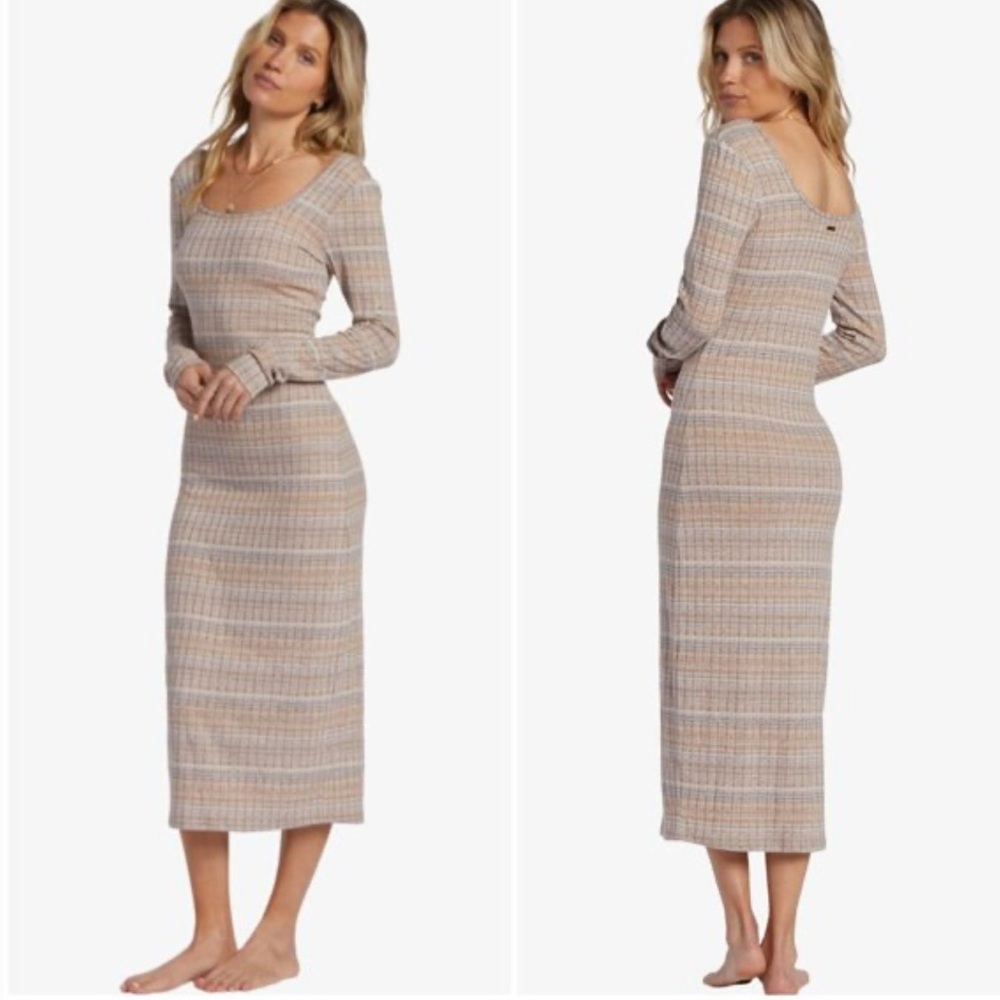Billabong Long Sleeve Cotton Women's Bodycon Midi Brown and Tan Dress